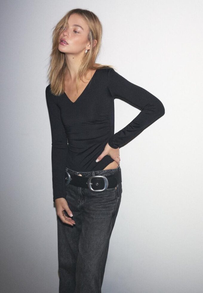 Body froncé en polyamide à encolure en V