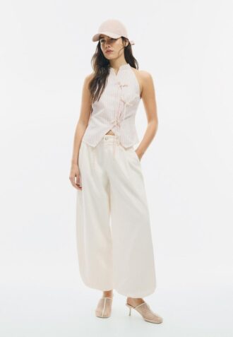 Haut dos nu style qipao à nœud semi-froissé