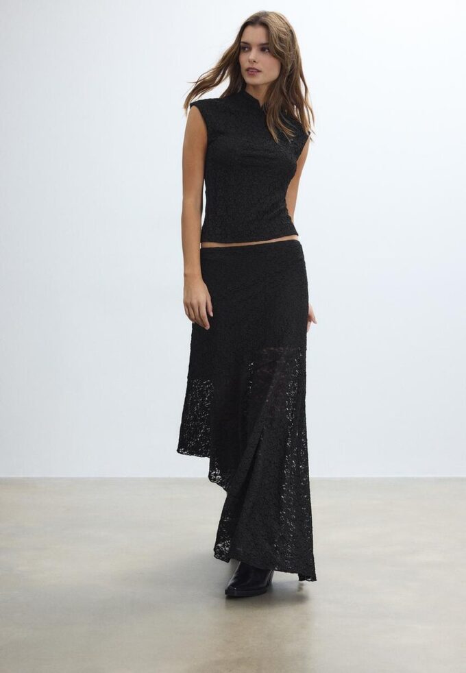 Jupe midi asymétrique en dentelle
