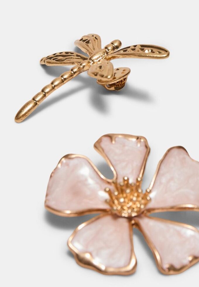 Lot de 2 broches libellule et fleur