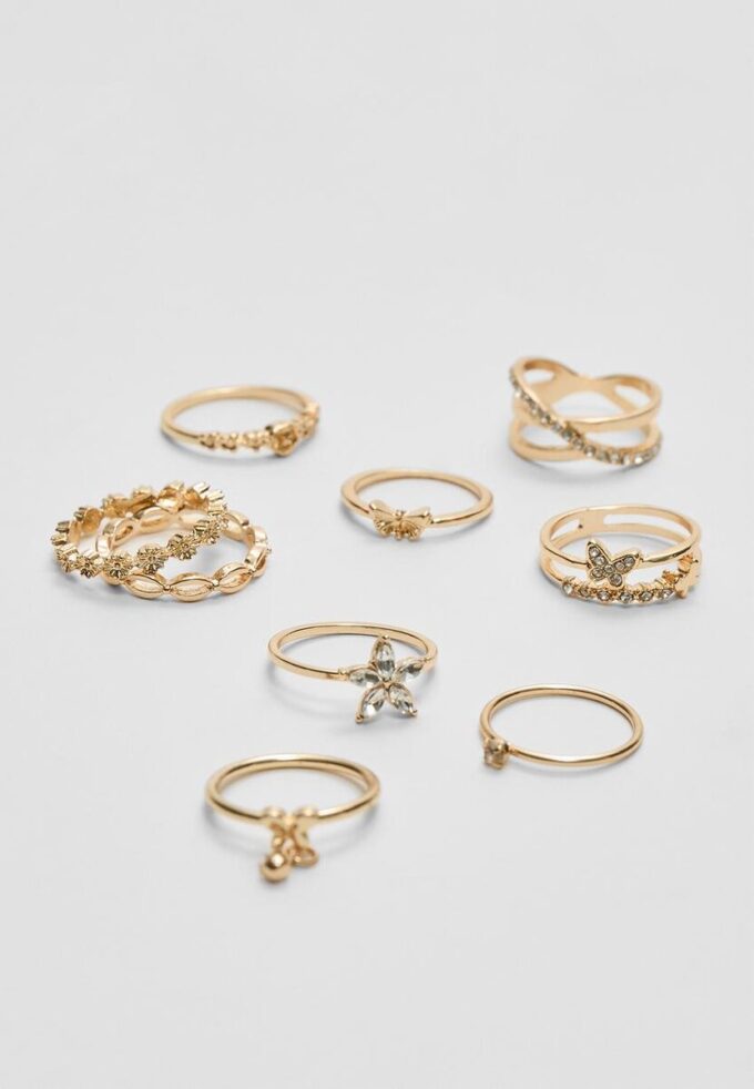 Lot de 9 bagues papillon et strass