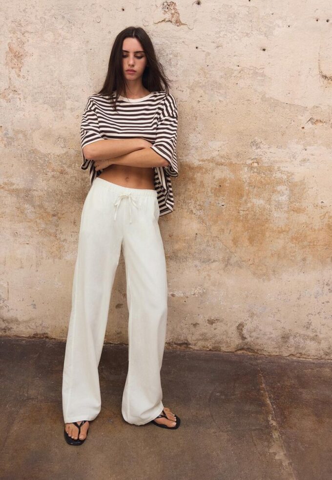 Pantalon à cordon de serrage effet lin