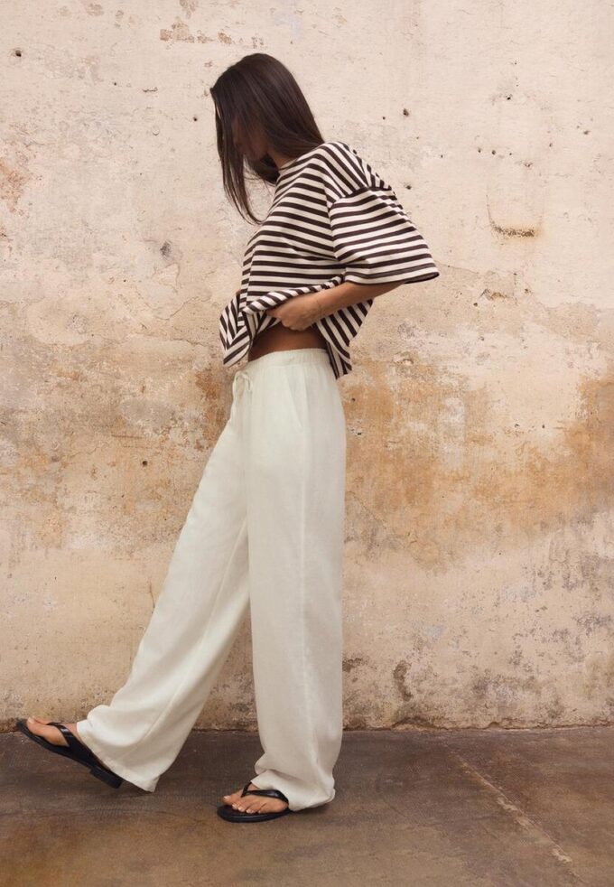 Pantalon à cordon de serrage effet lin