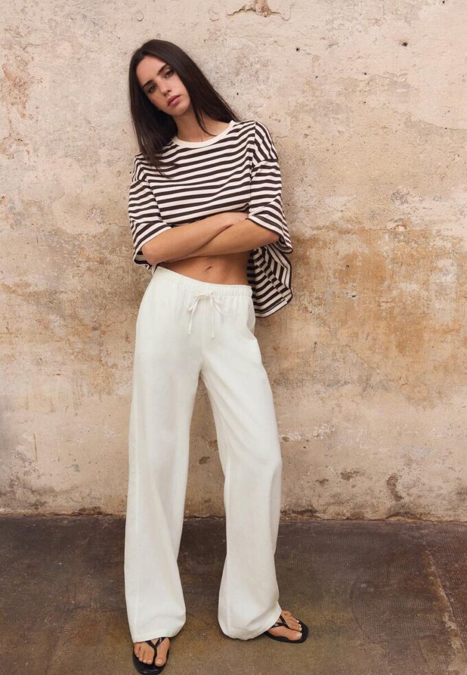 Pantalon à cordon de serrage effet lin