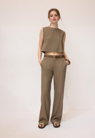 Pantalon droit effet lin avec ceinture