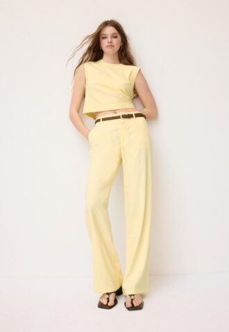 Pantalon droit effet lin avec ceinture