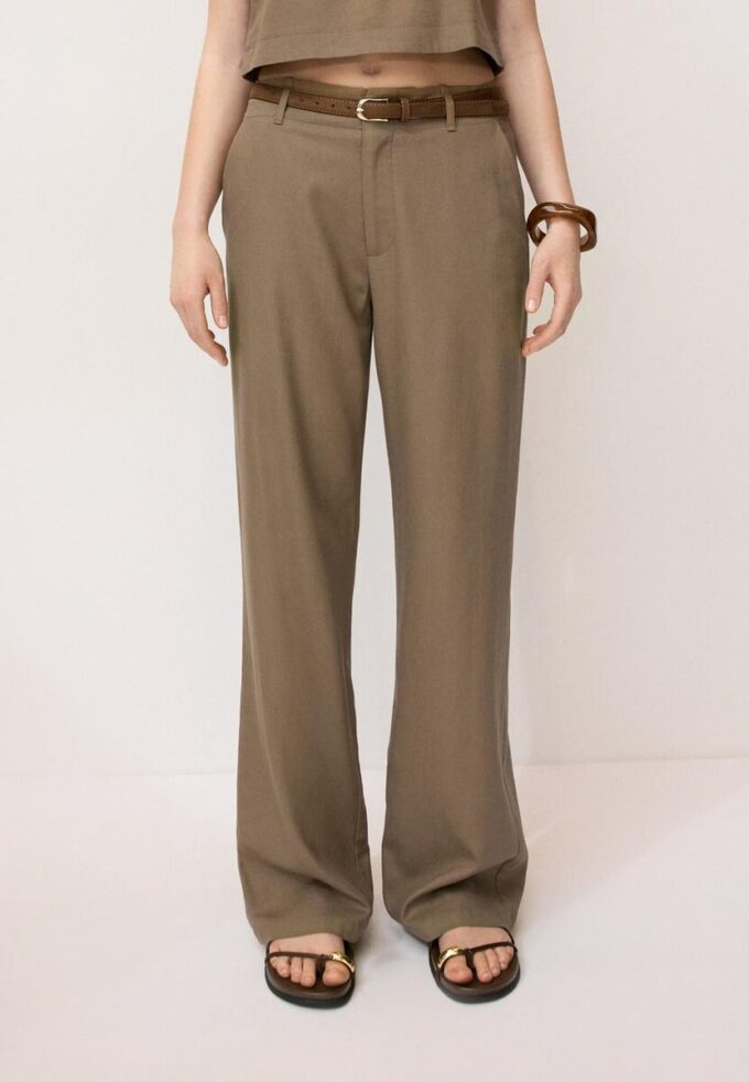 Pantalon droit effet lin avec ceinture Pantalon droit effet lin avec ceinture
