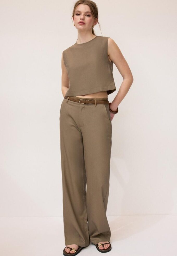 Pantalon droit effet lin avec ceinture Pantalon droit effet lin avec ceinture