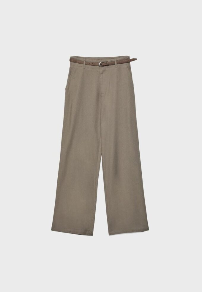 Pantalon droit effet lin avec ceinture Pantalon droit effet lin avec ceinture