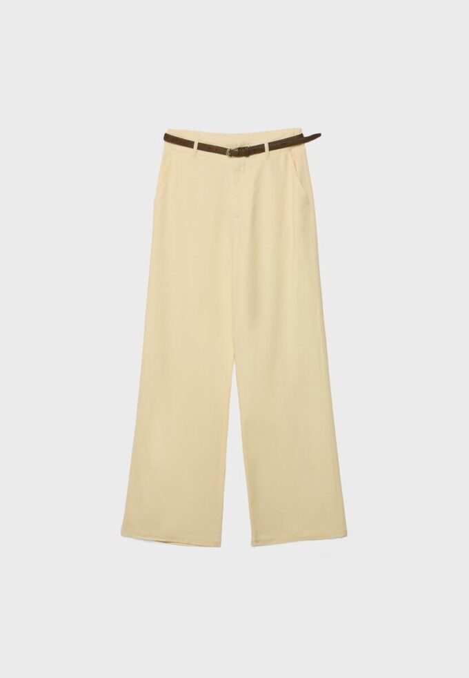 Pantalon droit effet lin avec ceinture