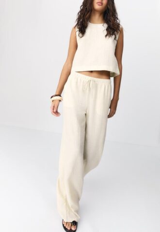 Pantalon fluide effet lin à fils métalliques