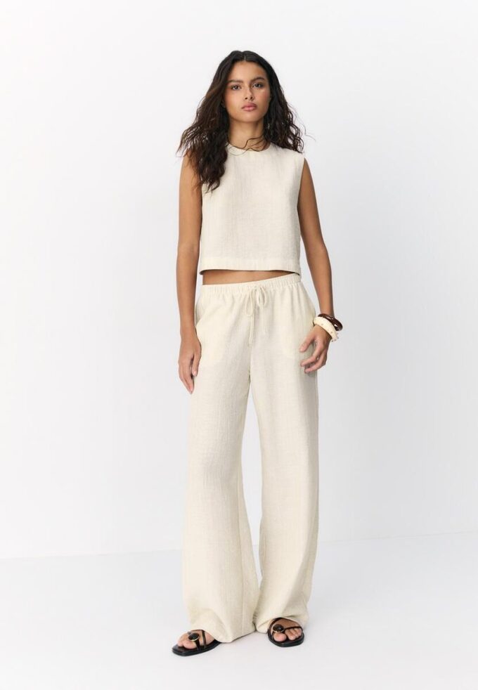 Pantalon fluide effet lin à fils métalliques