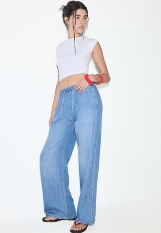 Pantalon fluide en denim à cordon de serrage