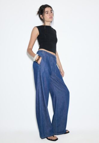 Pantalon fluide en denim à cordon de serrage