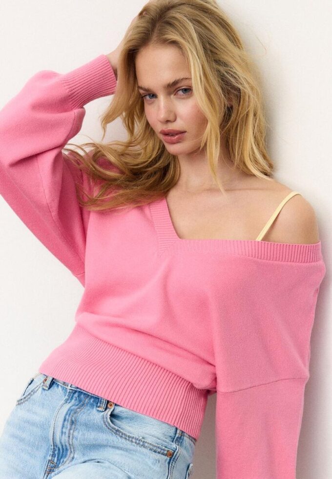 Pull à col en V et manches chauve-souris Pull à col en V et manches chauve-souris