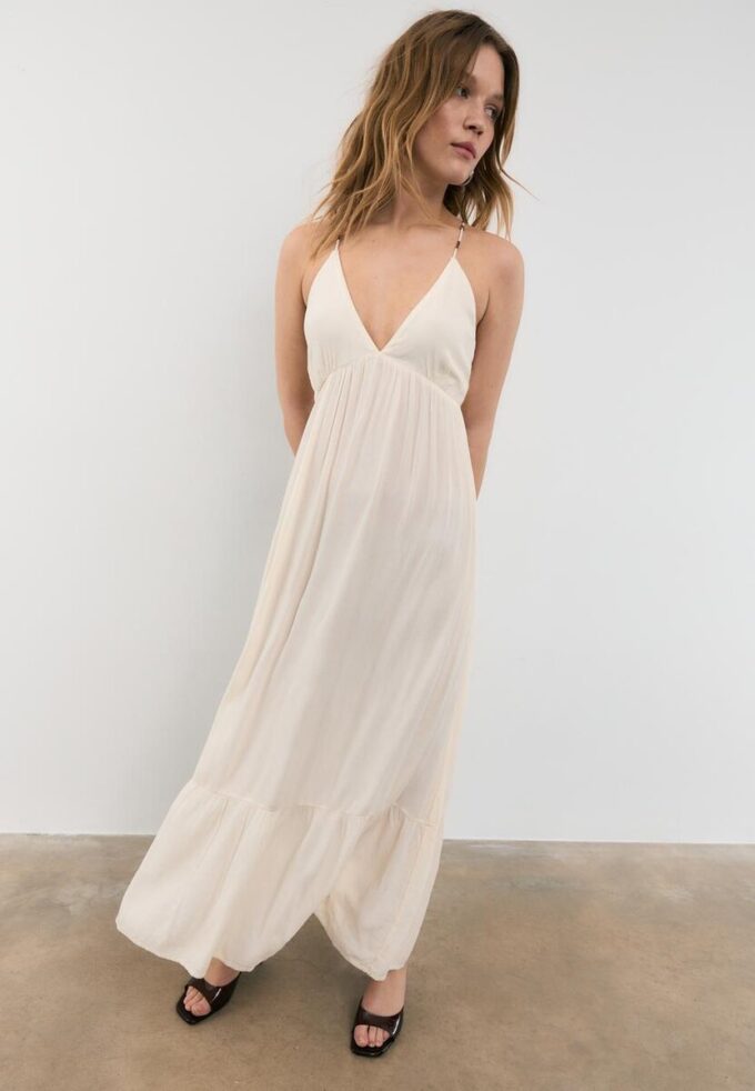 Robe longue en crêpe avec bretelles ornées de perles