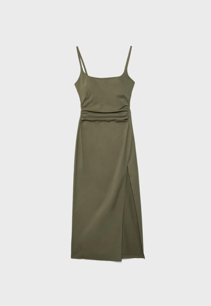 Robe mi-longue en bengaline à encolure carrée