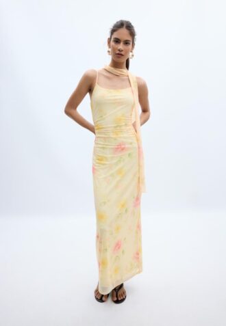 Robe mi-longue en tulle imprimée avec foulard