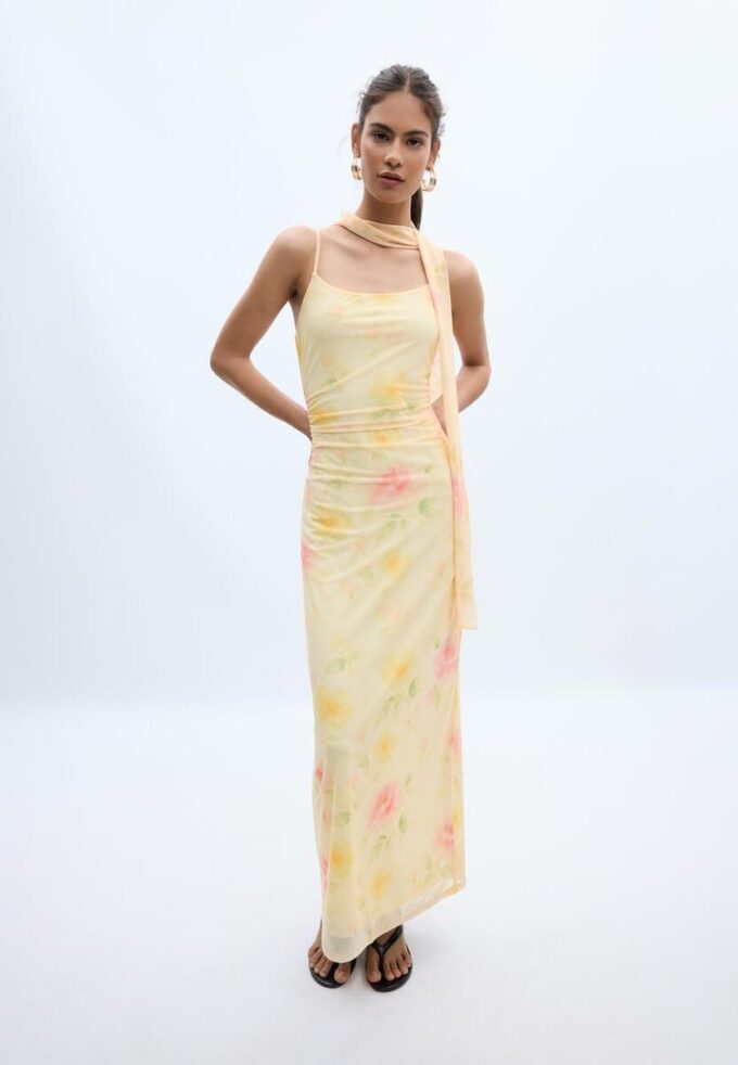 Robe mi-longue en tulle imprimée avec foulard