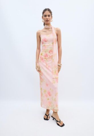 Robe mi-longue en tulle imprimée avec foulard