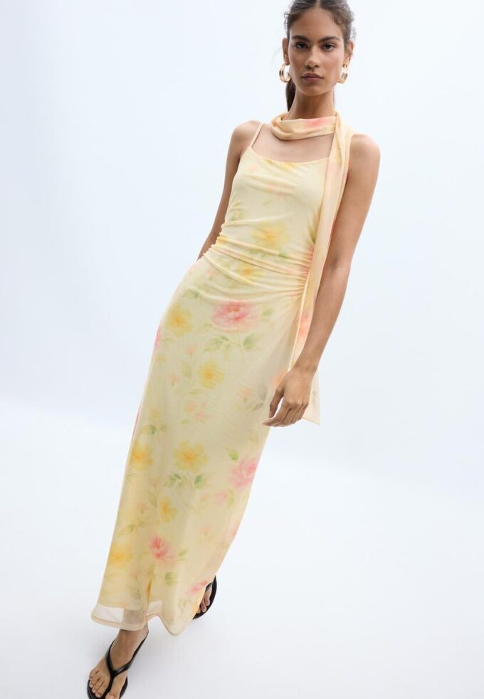 Robe mi-longue en tulle imprimée avec foulard