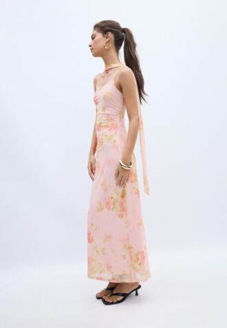 Robe mi-longue en tulle imprimée avec foulard