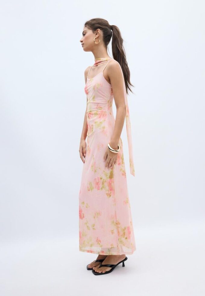 Robe mi-longue en tulle imprimée avec foulard