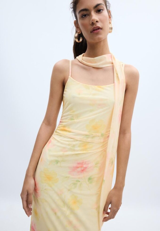 Robe mi-longue en tulle imprimée avec foulard