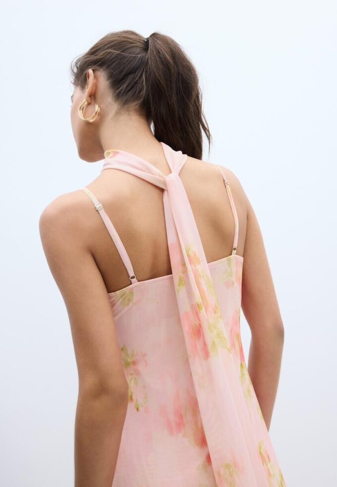 Robe mi-longue en tulle imprimée avec foulard