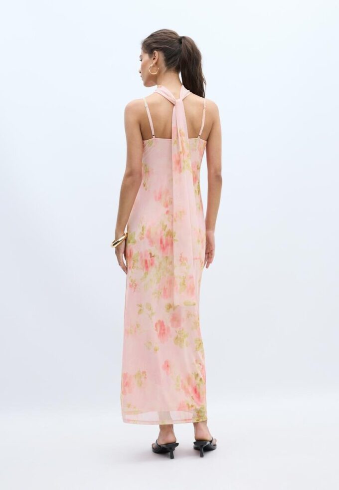 Robe mi-longue en tulle imprimée avec foulard