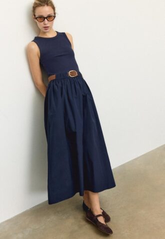 Robe midi sans manches en deux matières avec ceinture