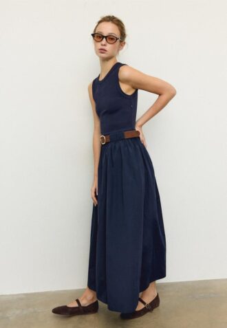 Robe midi sans manches en deux matières avec ceinture