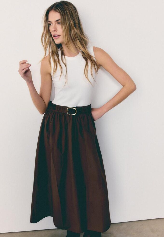 Robe midi sans manches en deux matières avec ceinture