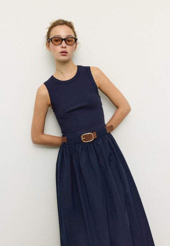 Robe midi sans manches en deux matières avec ceinture