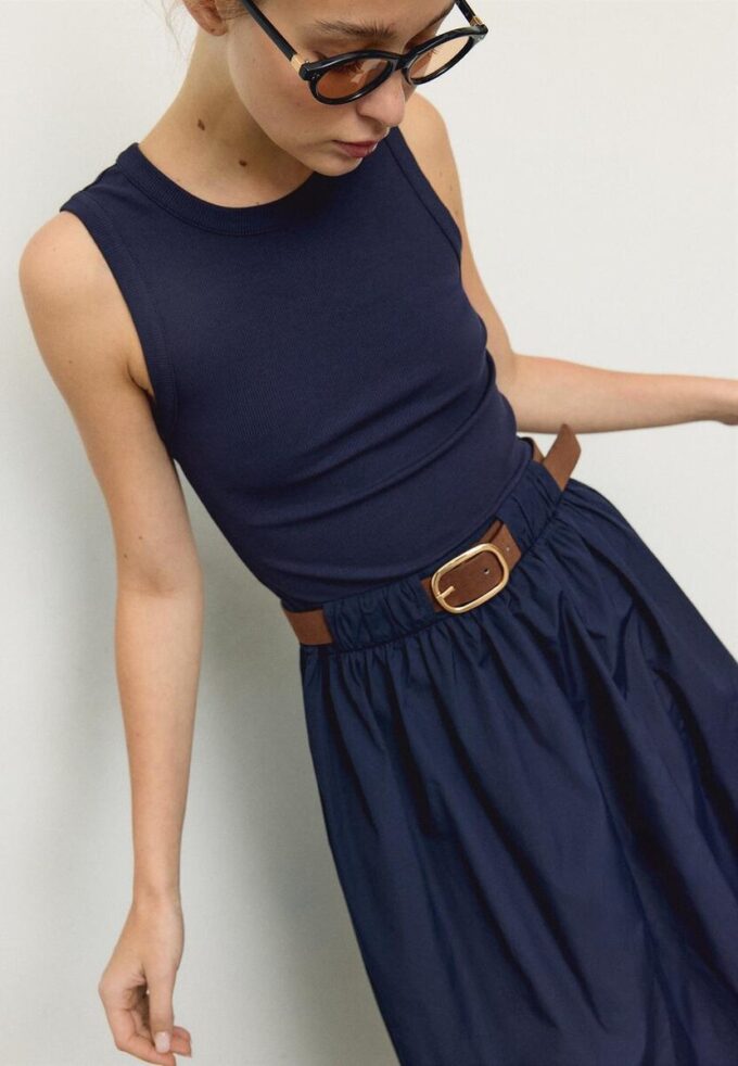 Robe midi sans manches en deux matières avec ceinture