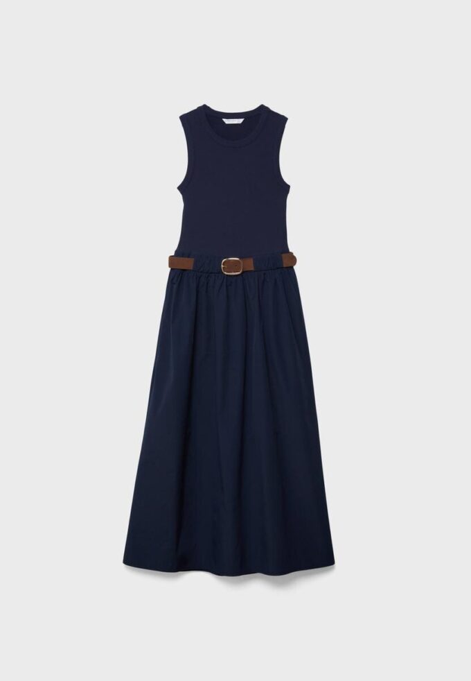 Robe midi sans manches en deux matières avec ceinture