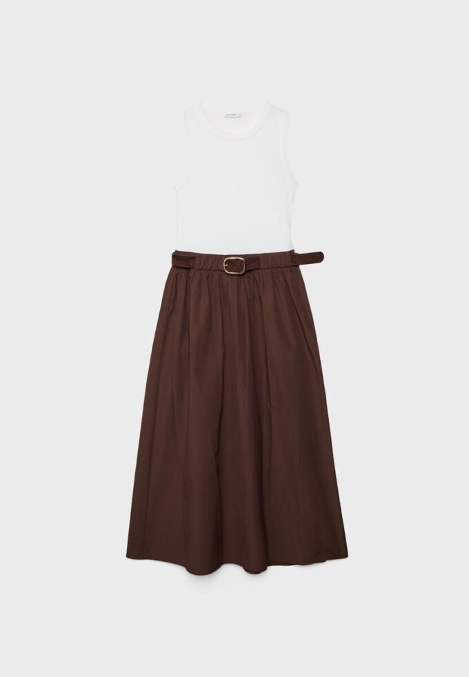 Robe midi sans manches en deux matières avec ceinture