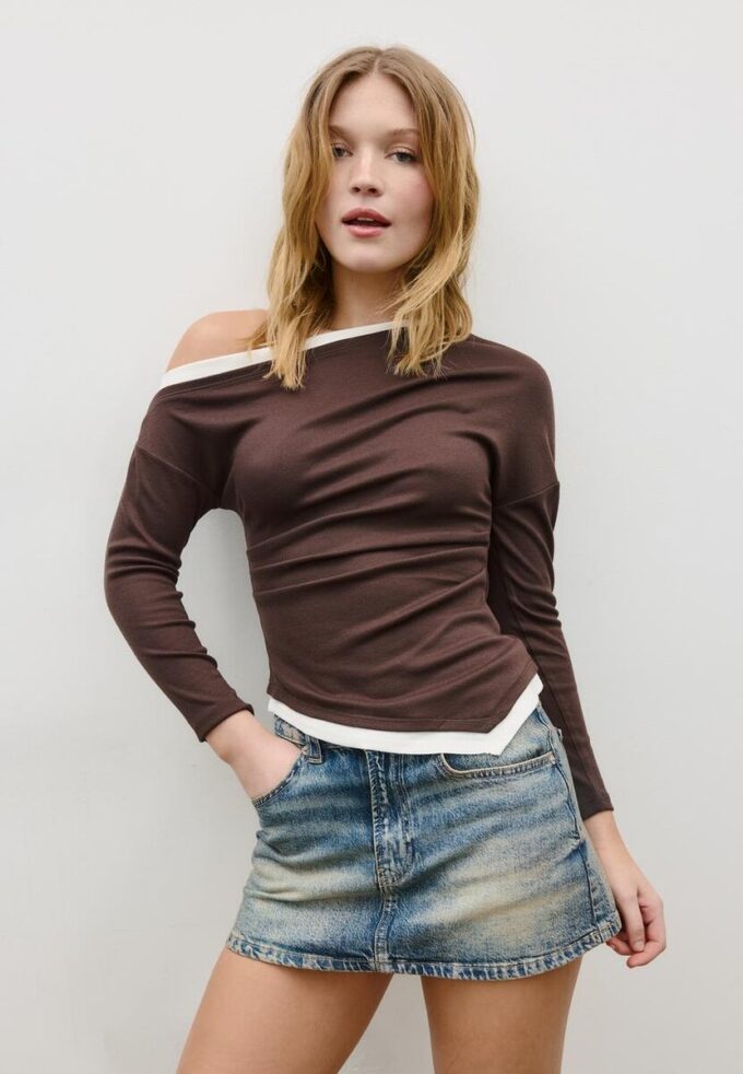 T-shirt à manches longues asymétrique double épaisseur