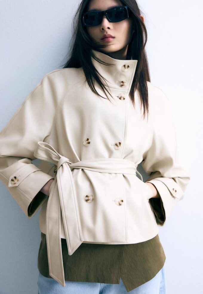 Trench-coat à col montant effet cuir