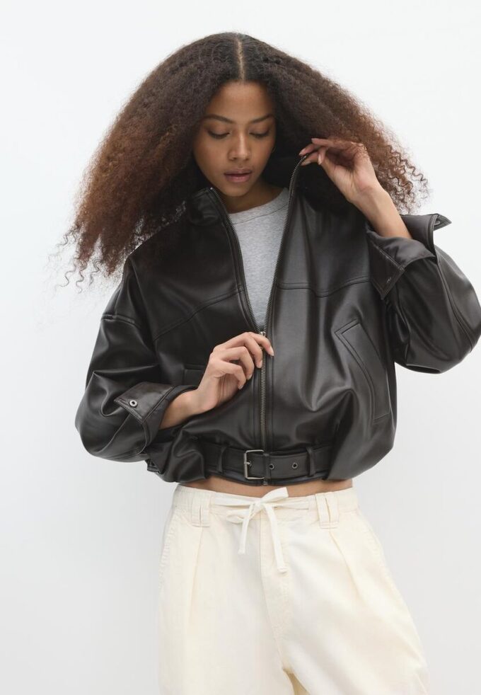 Veste ballon effet cuir avec ceinture