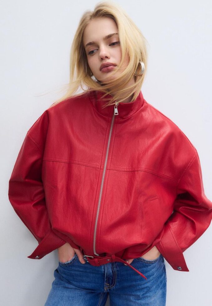 Veste ballon effet cuir avec ceinture