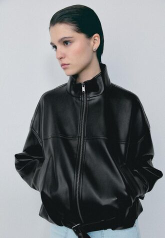Veste ballon effet cuir avec ceinture