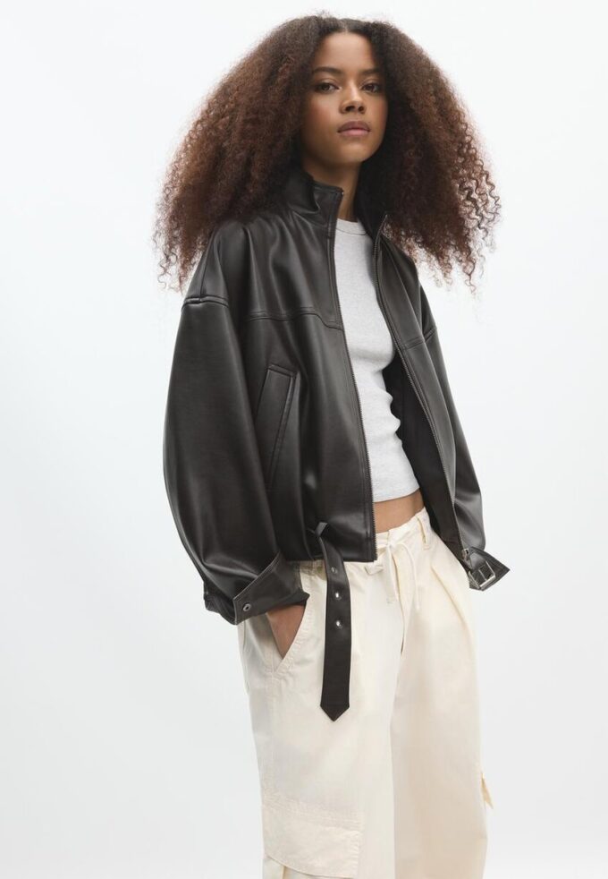 Veste ballon effet cuir avec ceinture