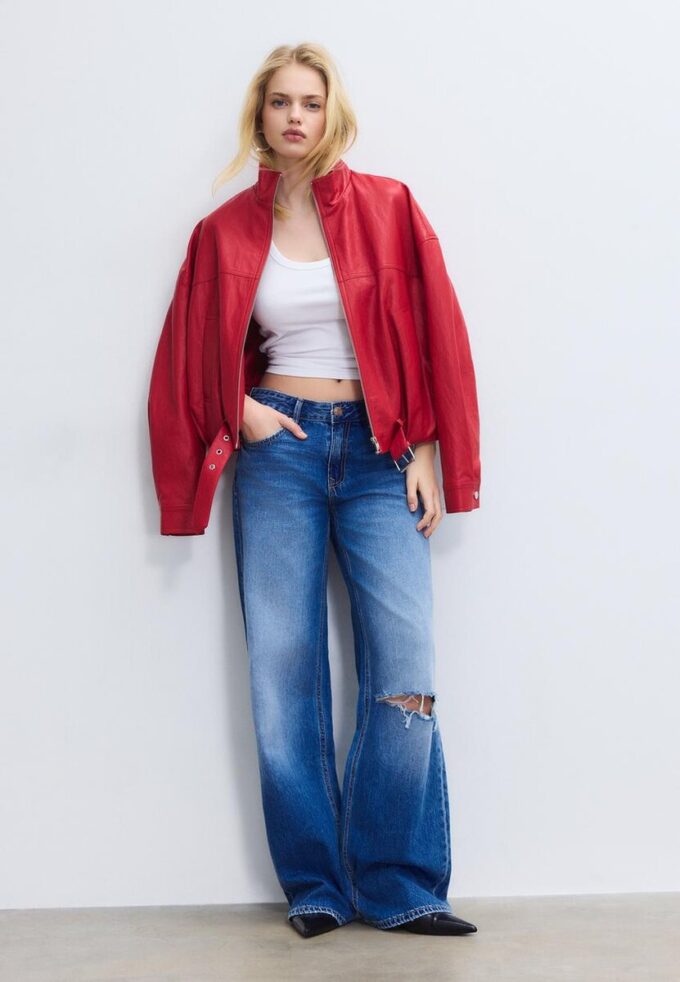 Veste ballon effet cuir avec ceinture