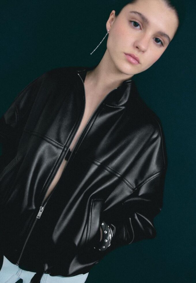 Veste ballon effet cuir avec ceinture