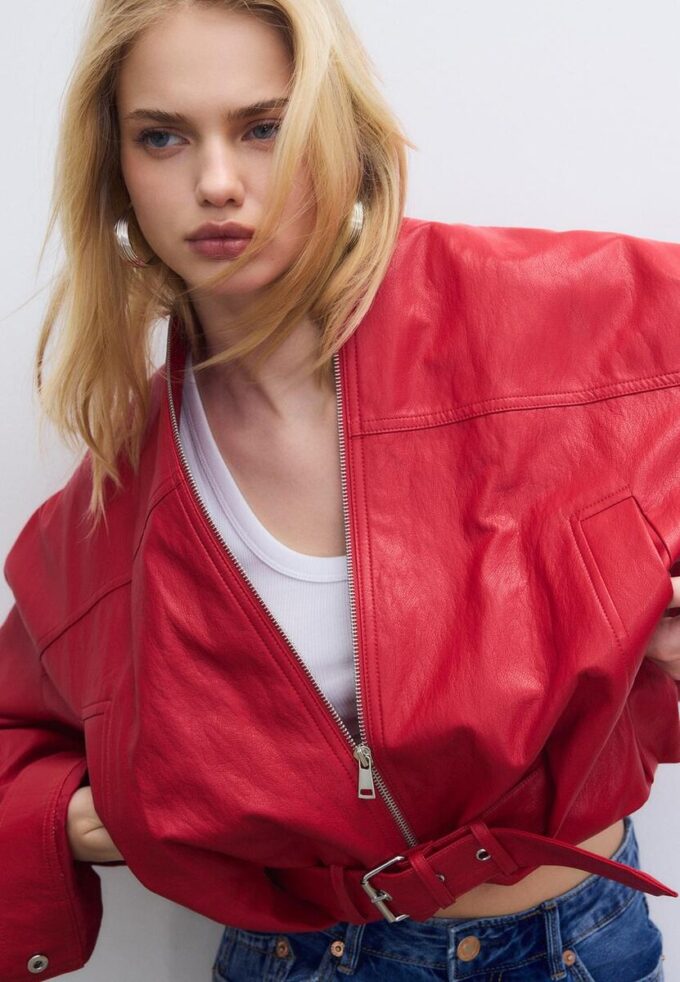 Veste ballon effet cuir avec ceinture