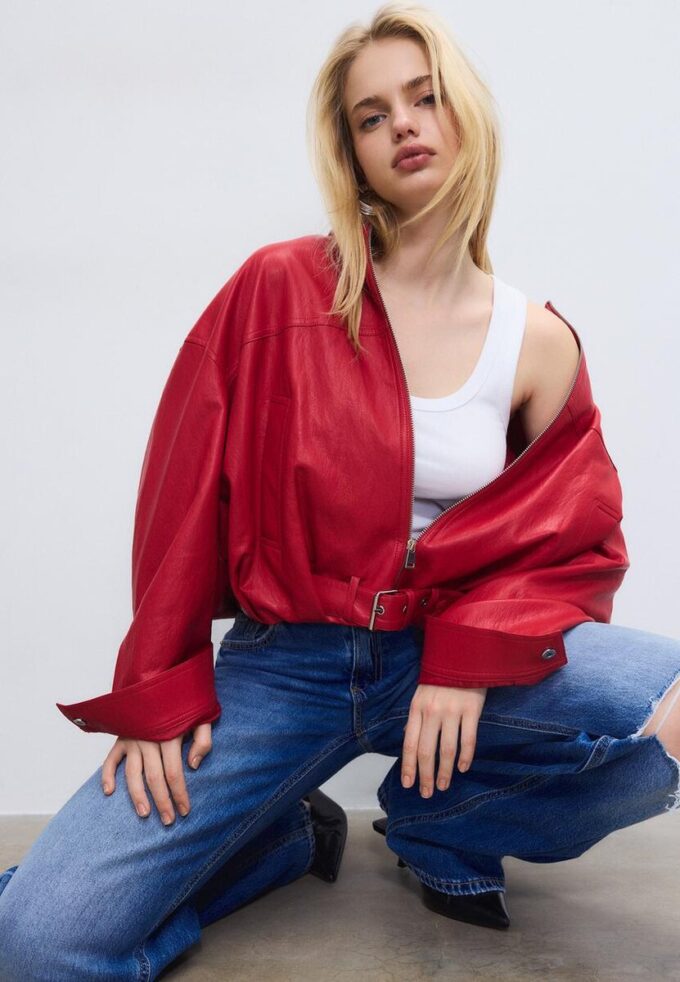 Veste ballon effet cuir avec ceinture