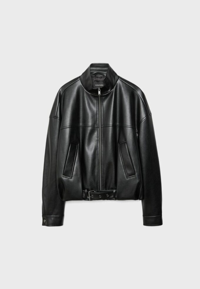 Veste ballon effet cuir avec ceinture