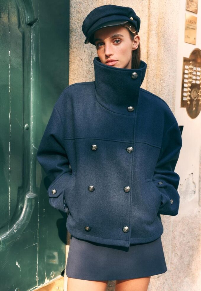 Veste croisée à col montant en tissu de toucher doux Veste croisée à col montant en tissu de toucher doux