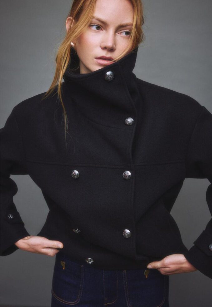 Veste croisée à col montant en tissu de toucher doux